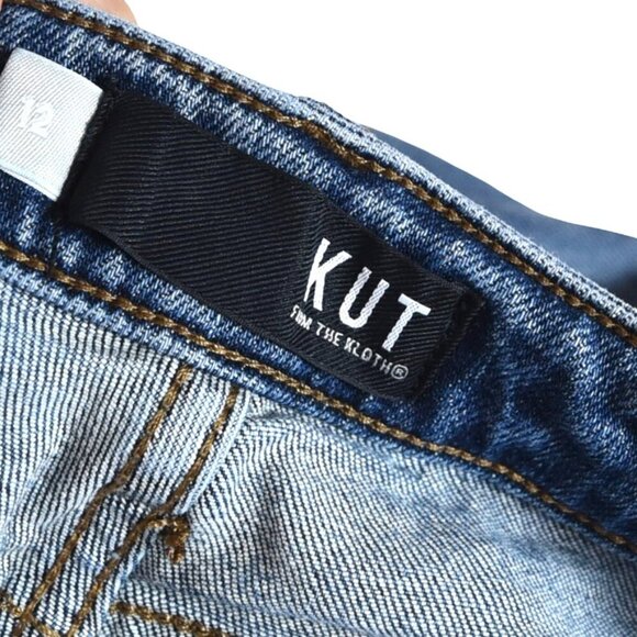 KUT Cropped Straight Distressed Raw Hem Jeans Sz 12 Mid Wash - Picture 6 of 9